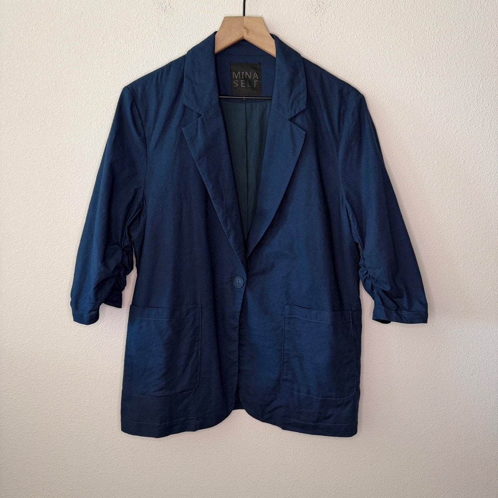 MINA SELF Womens Cotton Linen Ruched Sleeve Blazer Size Large Minimalist Classic